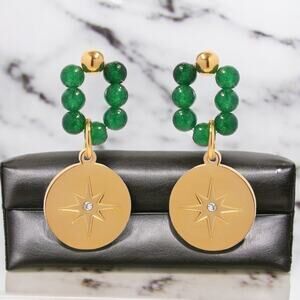 NEW 18K yellow gold plated green beaded star drop dangle earrings jewelry B20B